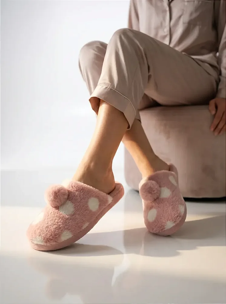 Pantufa Feminina Gasf Pompom Pantufa Quente Forrada Em Lã