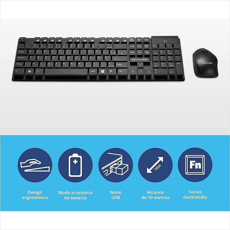 KIT TECLADO E MOUSE SEM FIO MULTILASER TECLAS FLUTUANTES PRETO TC251