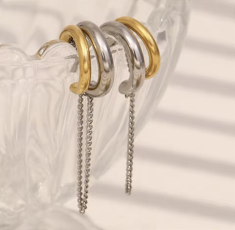 Brinco Franja Duo Bicolor Ouro e Prata