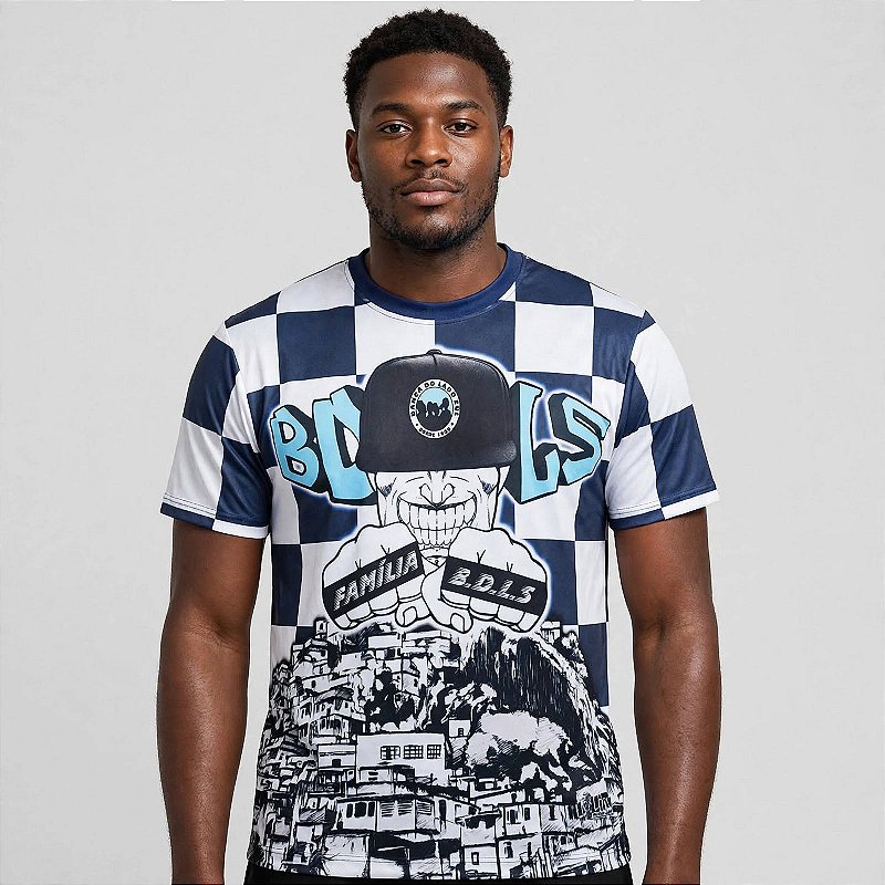 T-shirt Xadrez Azul e Branca Estampa BDLS Família B.D.L.S