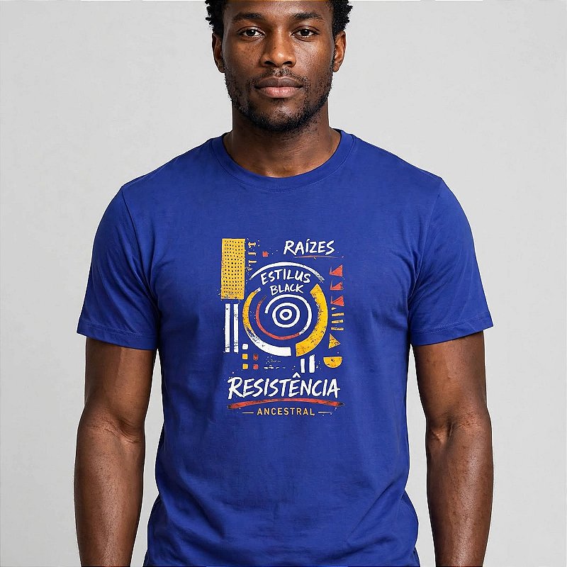 T-shirt Azul Estampa Raízes e Resistência Ancestral - Estilus Black