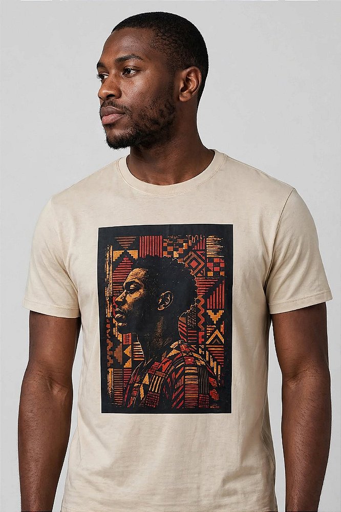 T-shirt Bege Estampa Perfil Afro & Padrões Geométricos