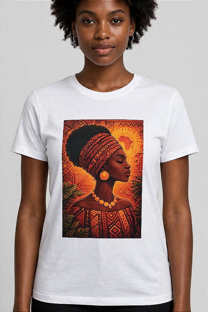 T-shirt Branca Estampa Mulher Negra com Turbante Étnico & Sol Afro