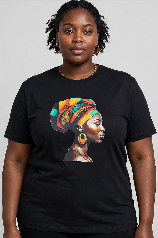 T-shirt Preta Estampa Perfil Mulher Negra Turbante Colorido & Brincos Étnicos