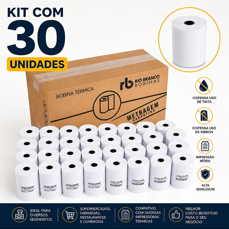 Kit 30 Rolos Bobina Térmica 80mmx40m Cupom Maquininha Fiscal