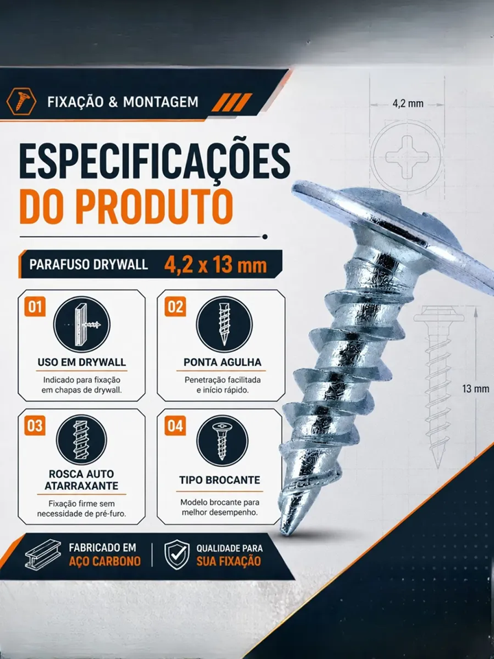 Parafuso Drywall Brocante 4,2x13 Flangeado Philips Fixar Caixa com 1000 Peças