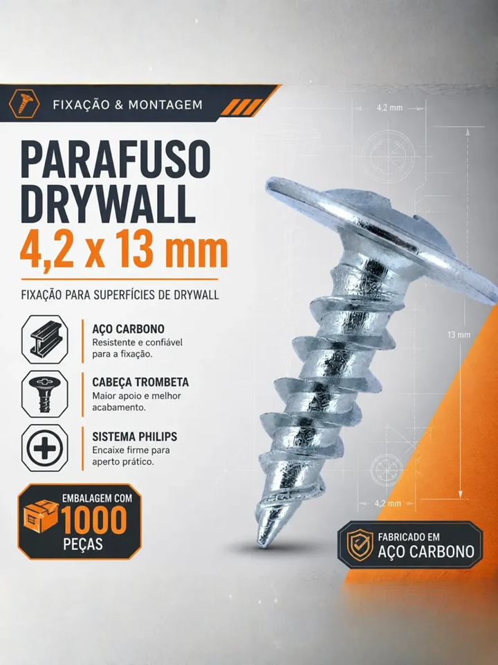 Parafuso Drywall Brocante 4,2x13 Flangeado Philips Fixar Caixa com 1000 Peças