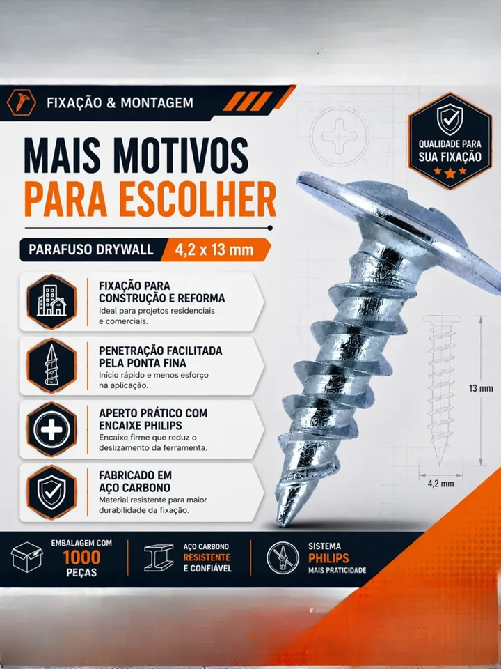 Parafuso Drywall Brocante 4,2x13 Flangeado Philips Fixar Caixa com 1000 Peças
