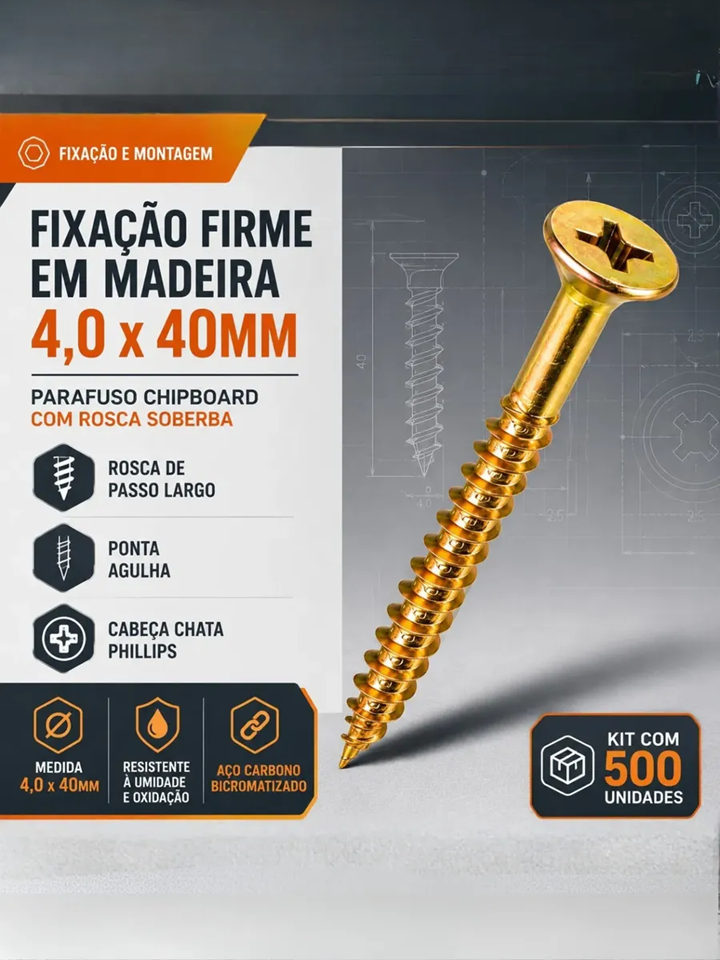 Parafuso Chipboard 4,0x40 Cabeça Chata Philips - Caixa com 500 Peças