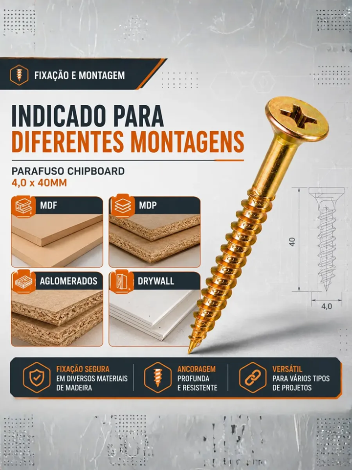 Parafuso Chipboard 4,0x40 Cabeça Chata Philips - Caixa com 500 Peças