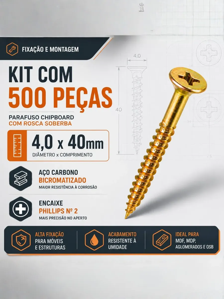 Parafuso Chipboard 4,0x40 Cabeça Chata Philips - Caixa com 500 Peças