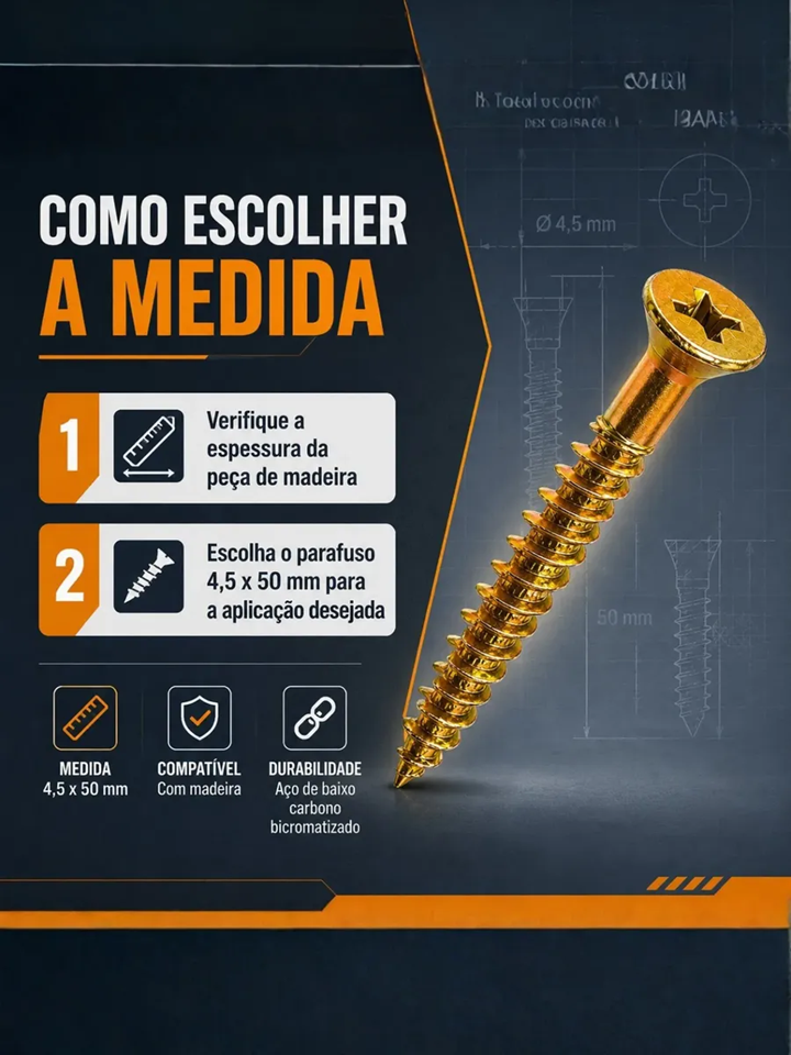 Parafuso Chipboard 4,5x50 Cabeça Chata Philips - Caixa com 500 Peças