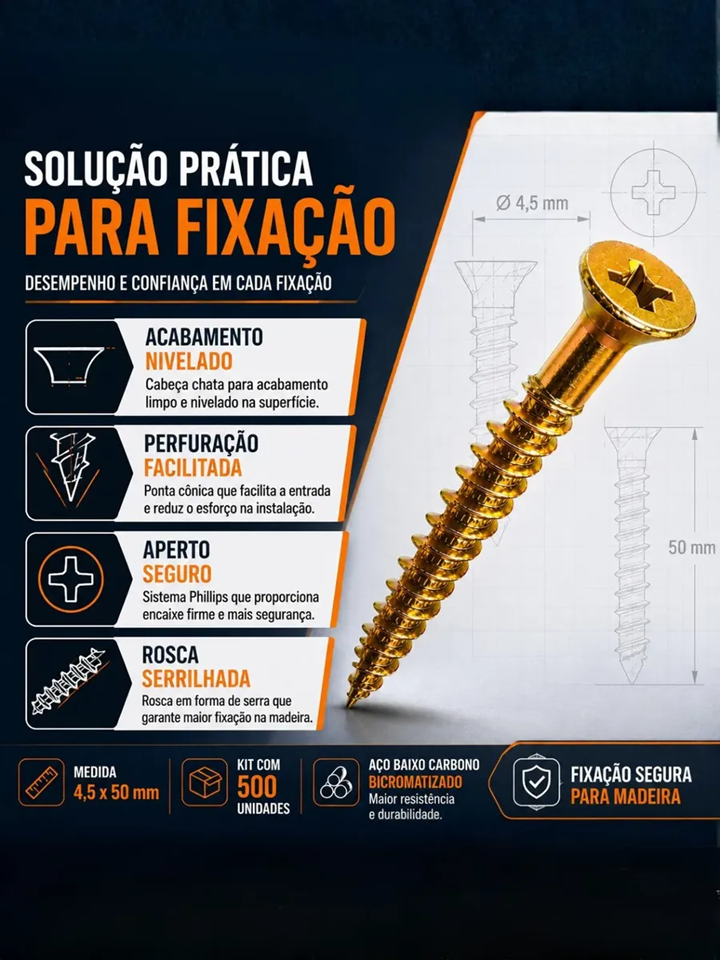 Parafuso Chipboard 4,5x50 Cabeça Chata Philips - Caixa com 500 Peças