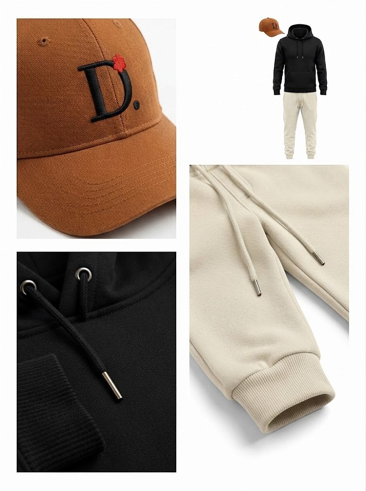 Kit Urban Premium Camiseta Manga Longa Preta + Calça de Moletom Off White + Boné Caramelo