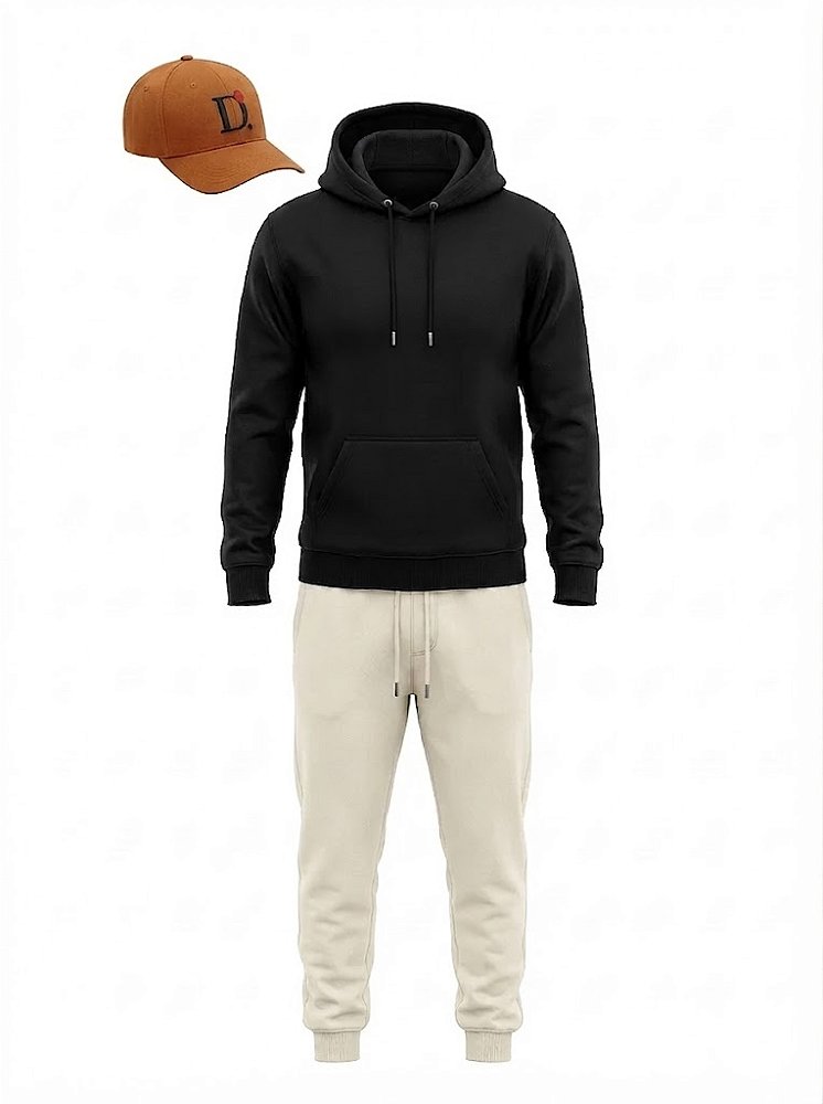 Kit Urban Premium Camiseta Manga Longa Preta + Calça de Moletom Off White + Boné Caramelo