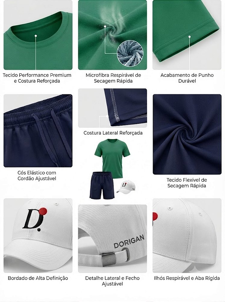 Kit Urban Green Premium Camiseta Dry Fit Verde + Shorts Tactel Azul-Marinho + Boné Branco
