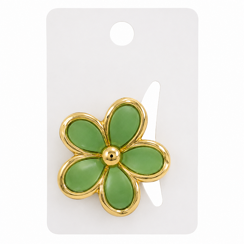 Presilha de Cabelo Flor Verde com Acabamento Dourado