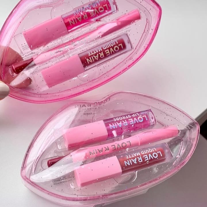 Kit Labial Completo Love Rain – Batom Matte + Lápis de Boca + Gloss Lip Strobe