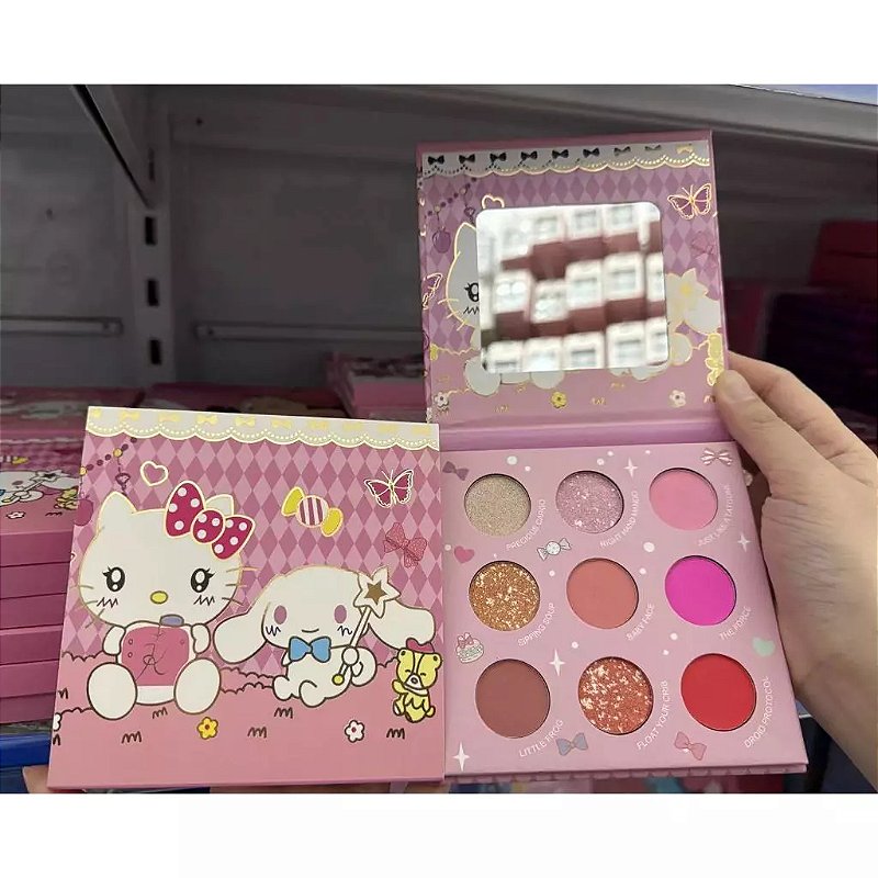 Paleta de Sombras Hello Kitty e Amigos (9 Cores) – Alta Pigmentação e Espelho Integrado