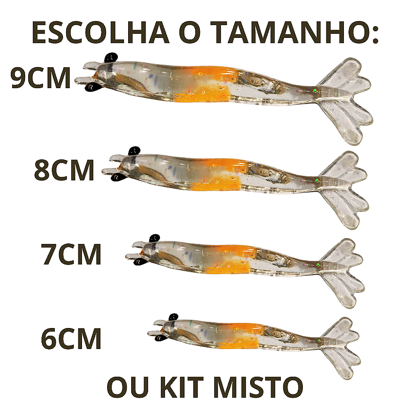 Kit Isca artificial 4 camarões Pescart Tamanhos mistos (6,7,8,9cm) silicone