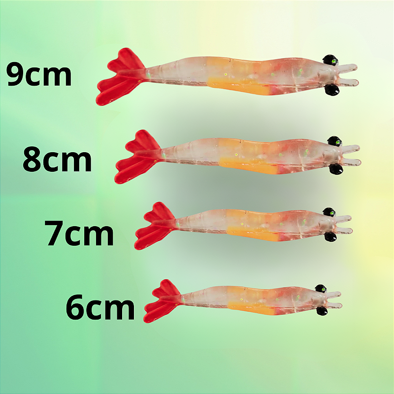 Kit Isca artificial 4 Camarões Red Tail Pescart Tamanhos mistos (6,7,8,9cm) silicone.