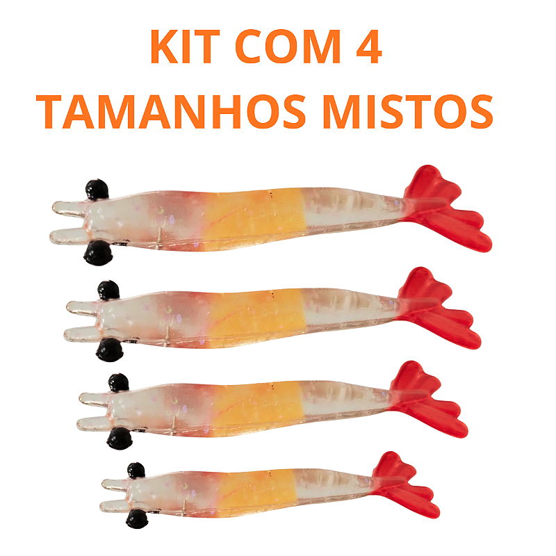 Kit Isca artificial 4 Camarões Red Tail Pescart Tamanhos mistos (6,7,8,9cm) silicone.