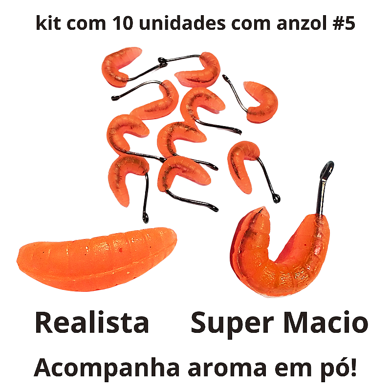 Kit Bichinho da Laranja Pescart 10 unidades com Anzol e Aroma em Pó.