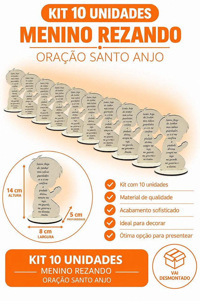 KIT 10 MENINO REZANDO ORAÇÃO SANTO ANJO MDF 3MM BRANC 14x8x5