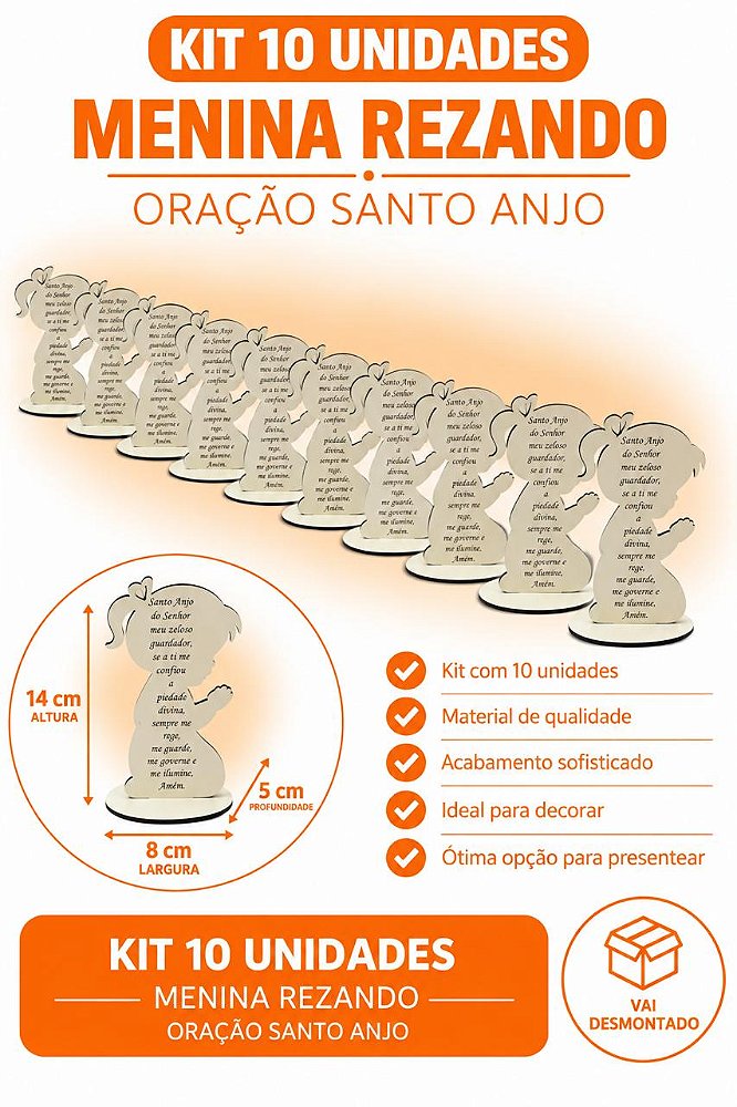KIT 10 MENINA REZANDO ORAÇÃO SANTO ANJO MDF 3MM BRANC 14x8x5
