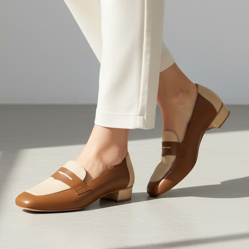Mocassim Feminino em Couro Fly Premium Caramelo e Amêndoa Bico Quadrado Palmilha Comfort Pig Solado Antiderrapante