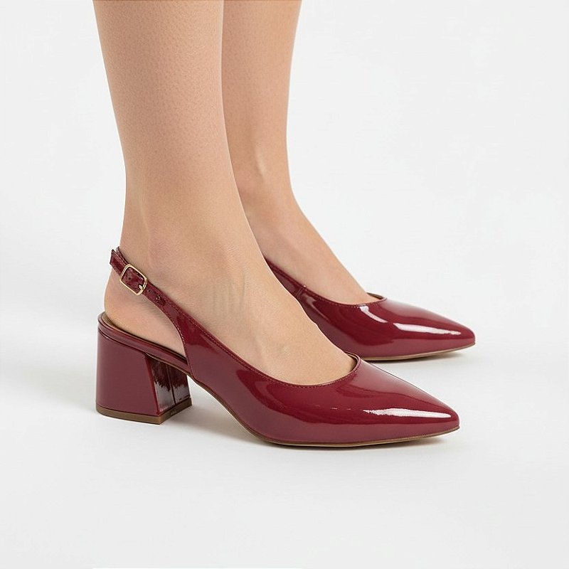 Scarpin Slingback Sapato Feminino Marsala Verniz Clássico Elegante Salto Médio Confortável Sola em Pig Gel Premium Luxo