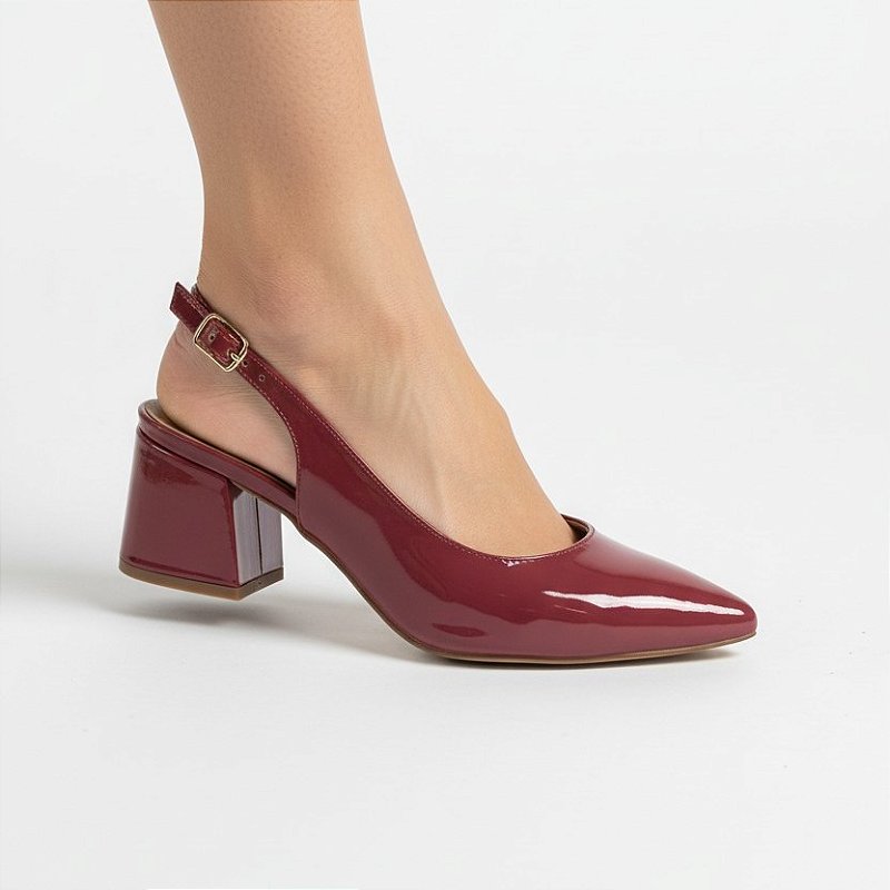 Scarpin Slingback Sapato Feminino Marsala Verniz Clássico Elegante Salto Médio Confortável Sola em Pig Gel Premium Luxo