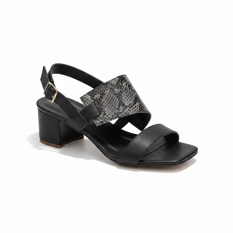 Sandália Feminina Couro Cobra e Napa Preta Couro Salto 4cm Confortável Elegante Sola Micro Chic Moderno
