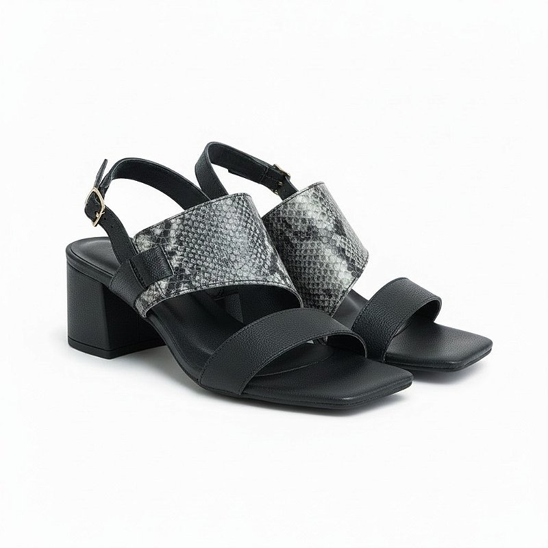 Sandália Feminina Couro Cobra e Napa Preta Couro Salto 4cm Confortável Elegante Sola Micro Chic Moderno
