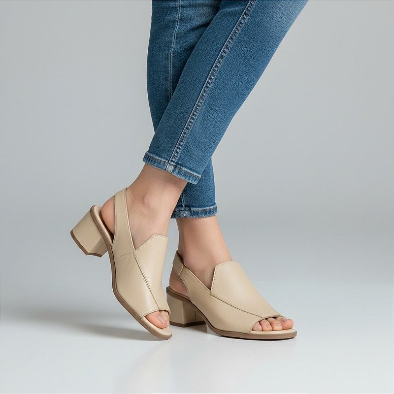 Sandália Feminina Couro Atanado Marfim Queimado Salto Bloco 4,5cm Confortável Leve Elegante