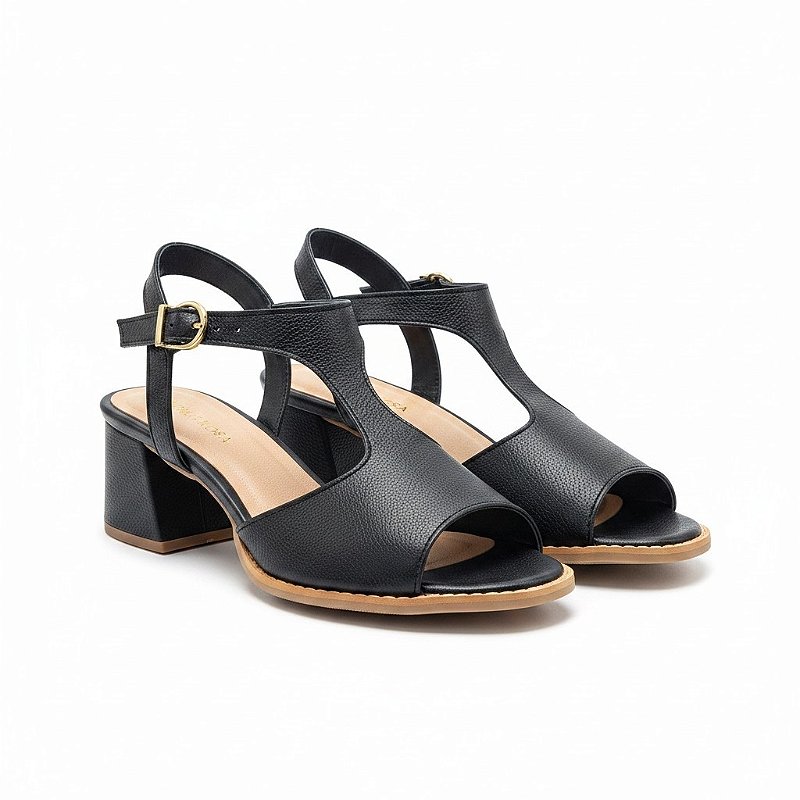 Sandália Feminina Couro Fly Preto Salto Bloco 5cm Confortável Antiderrapante Casual Elegante