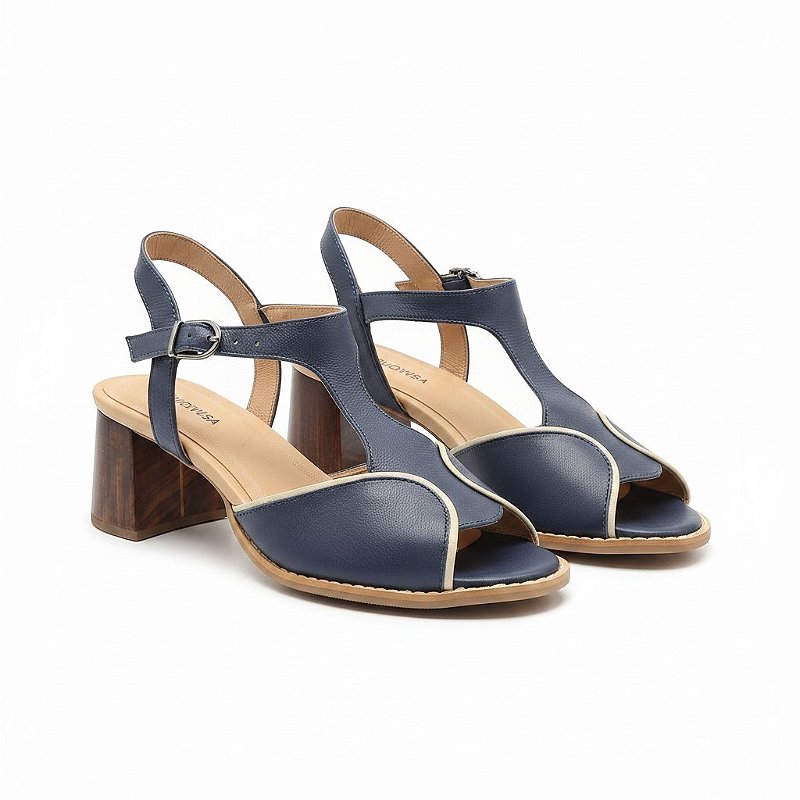 Sandália Feminina Couro Fly Azul Marinho Off White Salto Bloco Madeira 5cm Confortável Antiderrapante