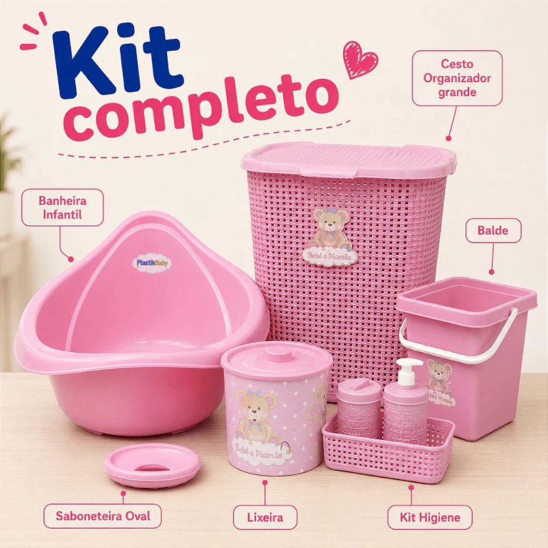 Kit Mamãe Organizada Banheira Bebê 22L Plastibaby Cesto 30L Balde 7L Kit Higiene Saboneteira Lixeira