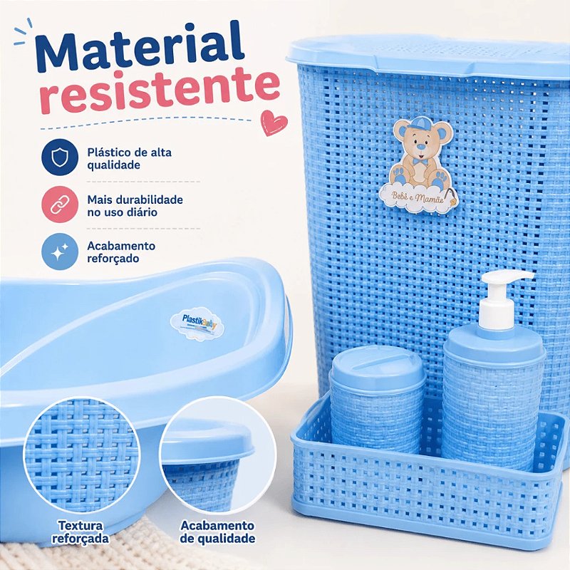 Kit Mamãe Organizada Banheira Bebê 22L Plastibaby Cesto 30L Balde 7L Kit Higiene Saboneteira Lixeira