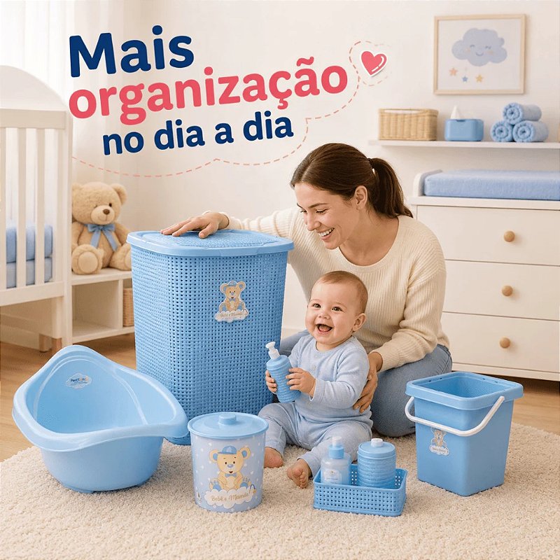 Kit Mamãe Organizada Banheira Bebê 22L Plastibaby Cesto 30L Balde 7L Kit Higiene Saboneteira Lixeira