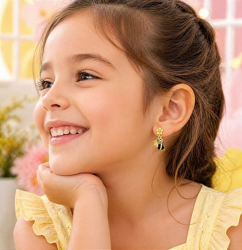 Brinco Infantil Abelhinha Zircônia Banhado a Ouro 18k