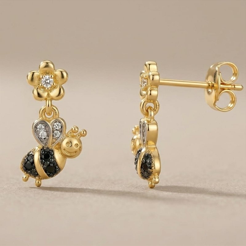 Brinco Infantil Abelhinha Zircônia Banhado a Ouro 18k