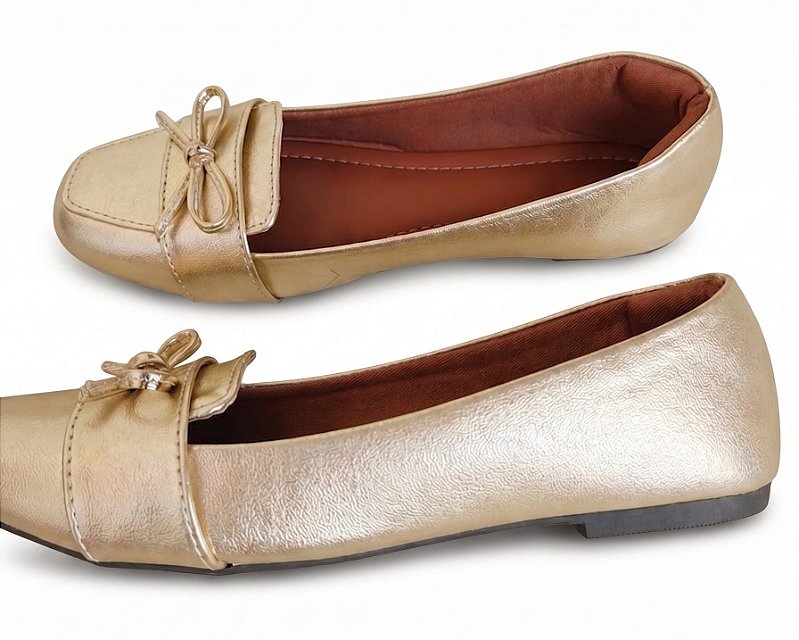 Sapato Mocassim Feminino Dourado Macio Elegante Dia A Dia com Bico Quadrado e Laço Decorativo Conforto Premium