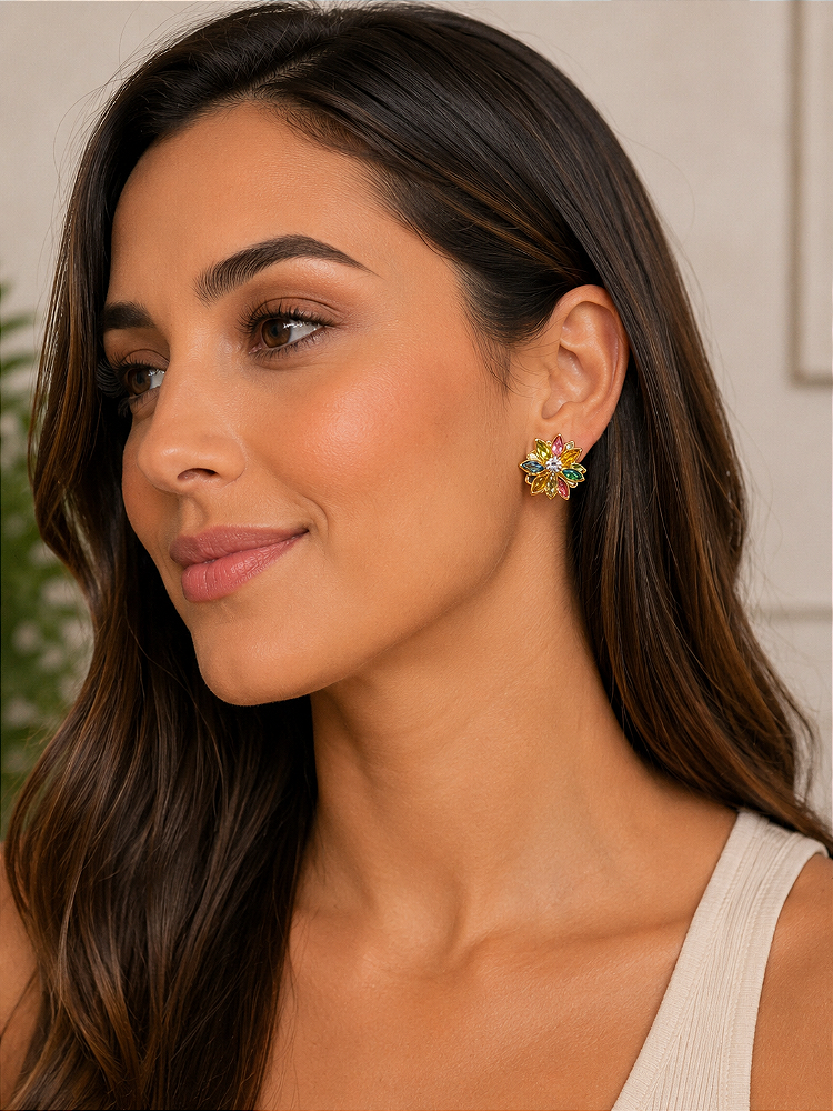 Brinco Flor Folheado com Zircônio Colorido