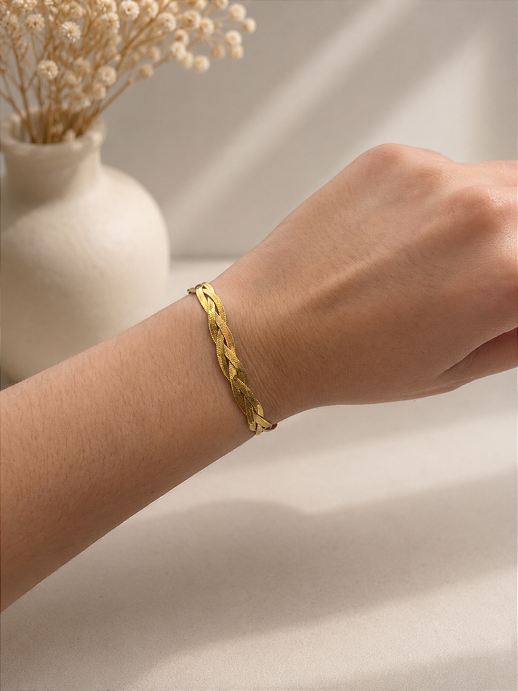 Pulseira Trançada Dourada Aço Inox