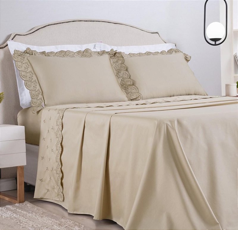 Jogo de Cama Andorra Queen – Percal 400 Fios | Elegância e Sofisticação em Bege