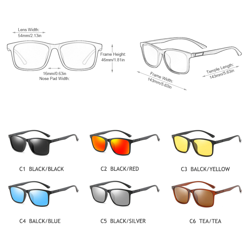 Leve tr90 óculos de sol masculino clássico quadrado polarizado óculos de sol par