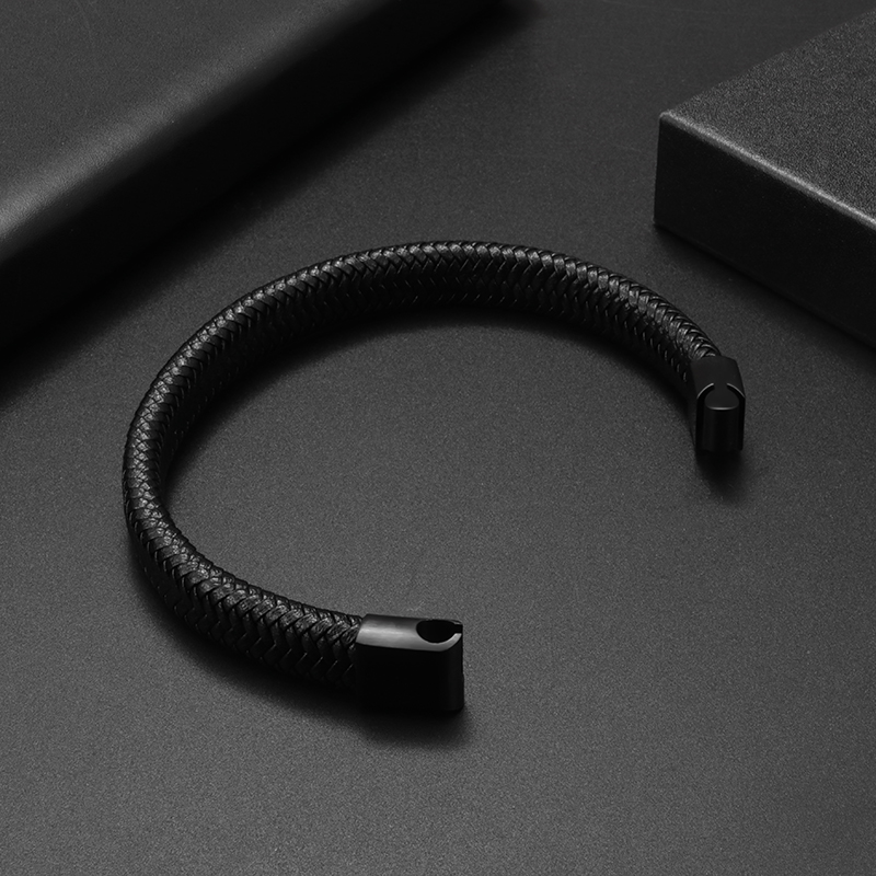 Pulseira clássica de couro preto para homens, joia de mão, presente, pulseira de