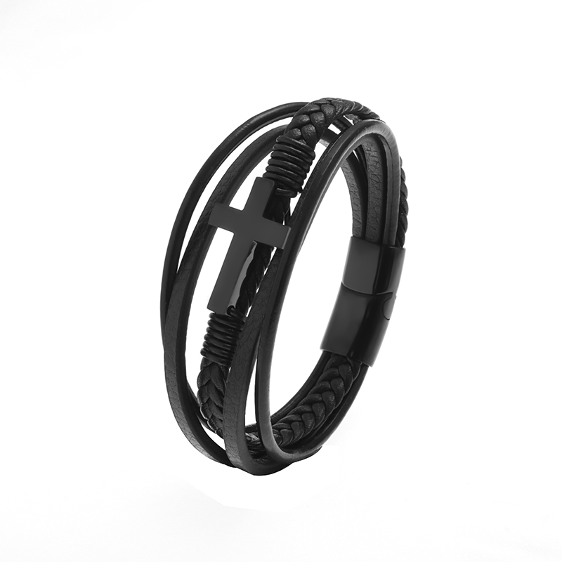 Pulseira clássica de couro preto para homens, joia de mão, presente, pulseira de