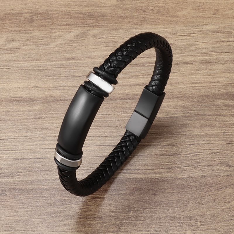 Pulseira clássica de couro preto para homens, joia de mão, presente, pulseira de
